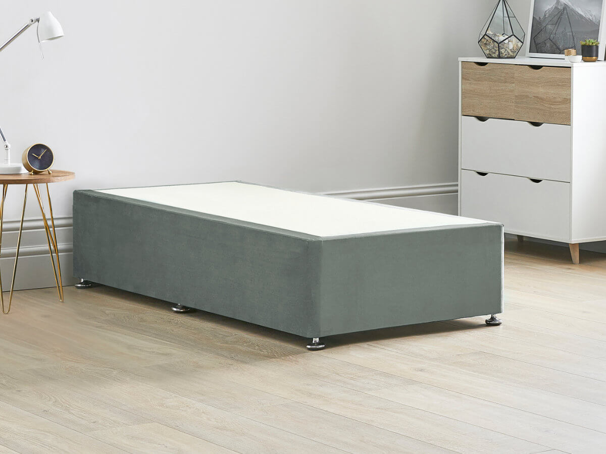 View Reinforced Divan Bed Base 26 Small Single Platinum Grey Heavy Duty Solid 18mm Sides Top Base 16 41cm Base Height information
