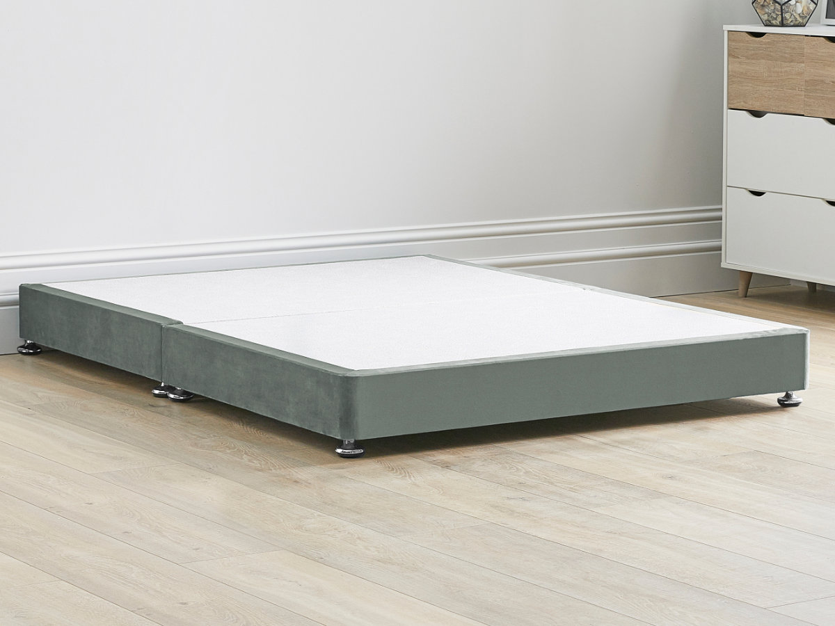 View 8 20cm Low Solid Strong Divan Bed Base With Screw In Wooden Legs 60 Super King Base Splits In Two Sections Platinum Grey Velvet Fabric information