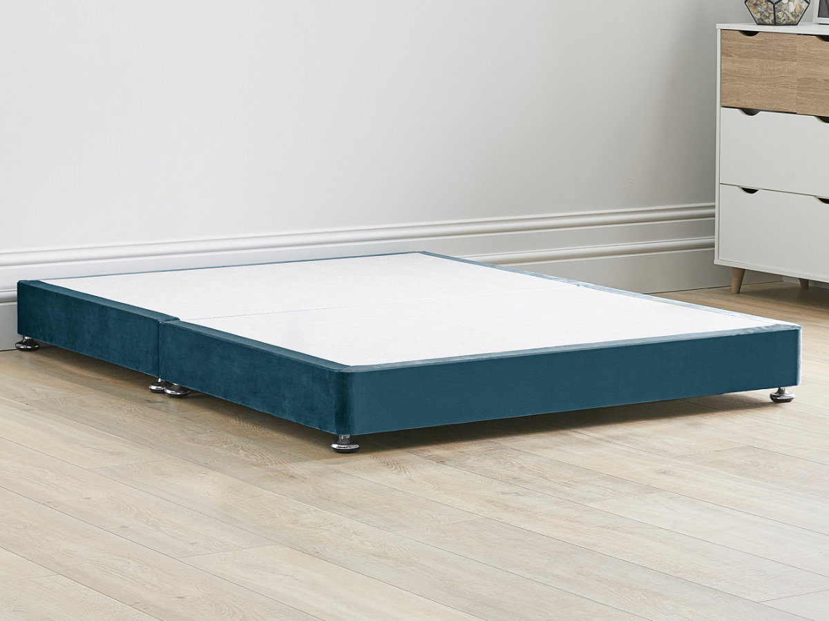 View 8 20cm Low Solid Strong Divan Bed Base With Screw In Wooden Legs 40 Small Double Base Splits In Two Sections Aqua Blue Fabric information