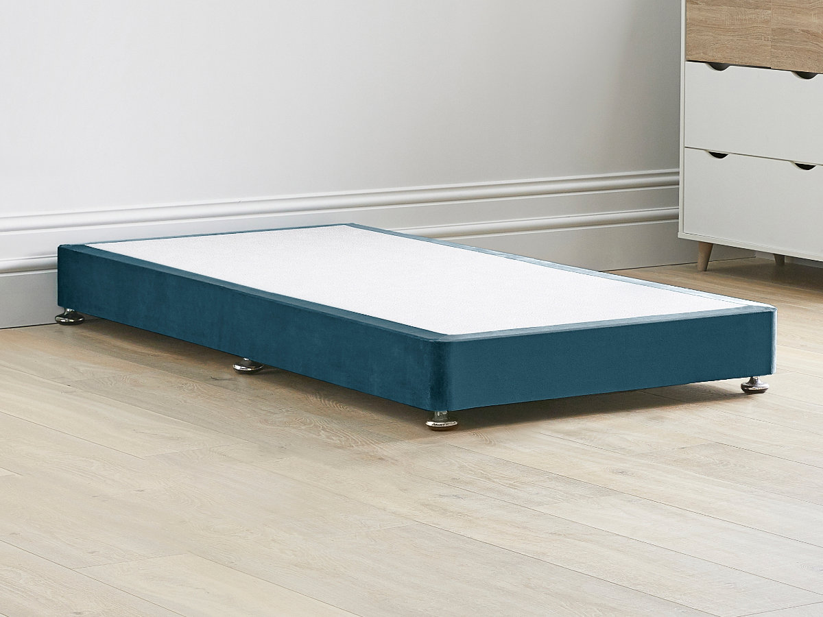 View 8 20cm Low Solid Strong Divan Bed Base With Screw In Wooden Legs 26 Single Base Splits In Two Sections Aqua Blue Fabric information