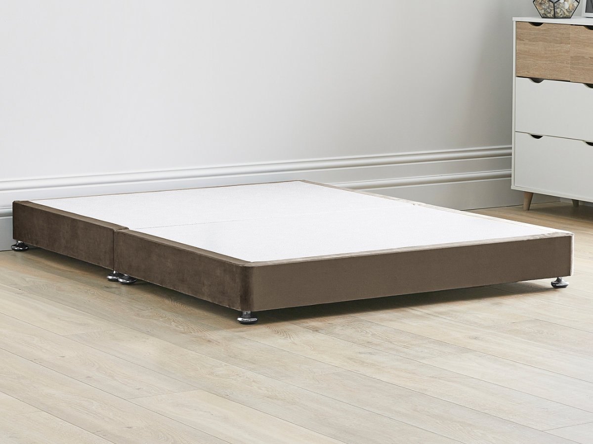 View 8 20cm Low Solid Strong Divan Bed Base With Screw In Wooden Legs 60 Super King Base Splits In Two Sections Mocha Brown Fabric information