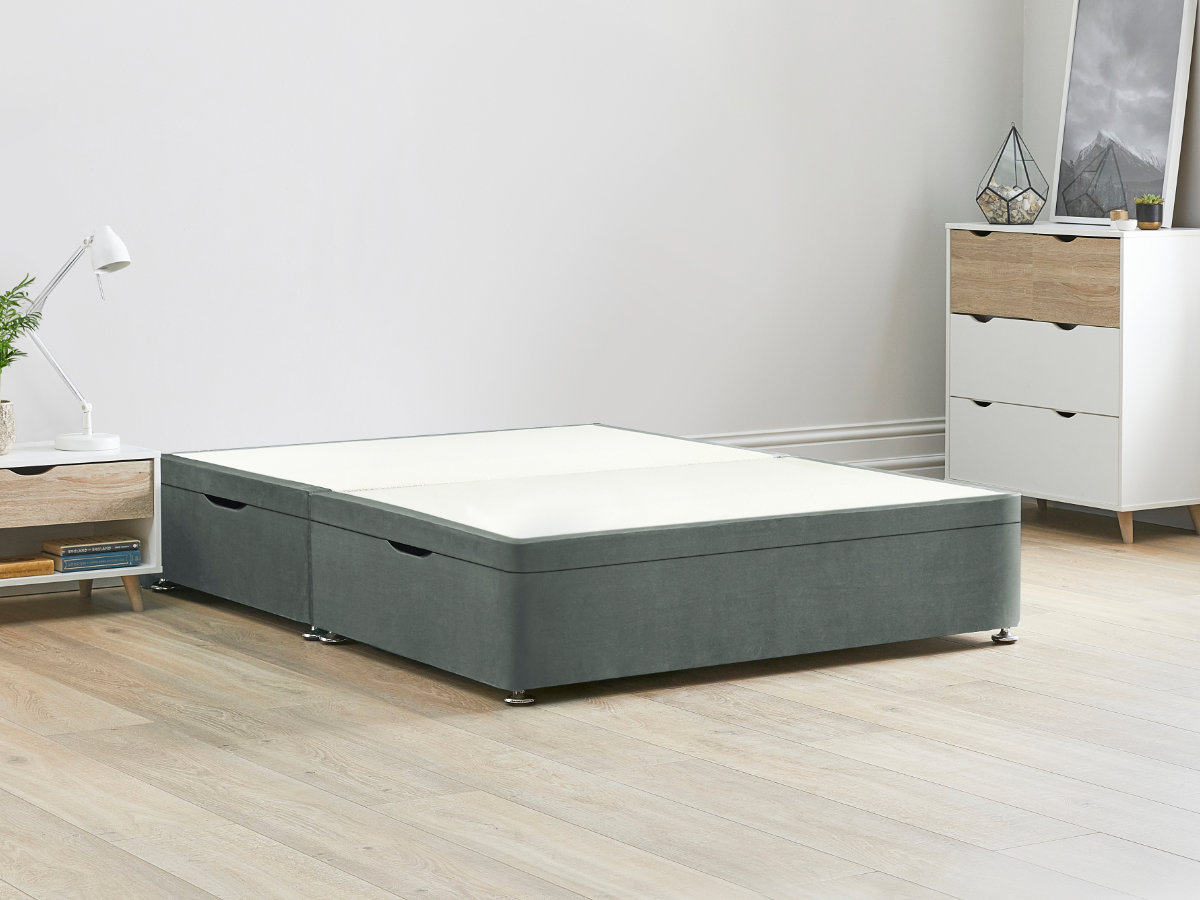 View 50 150cm King Size TPlatinum Grey Side Lift Ottoman Storage Divan Bed Base Easy Lift Gas Pistons Dust Free Bed Storage Solid Base Sides information