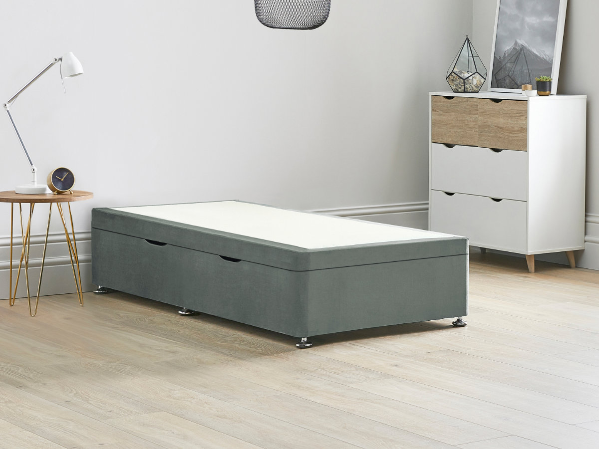 View 30 90cm Single Size Platinum Grey Side Lift Ottoman Storage Divan Bed Base Easy Lift Gas Pistons Dust Free Bed Storage Solid Base Sides information