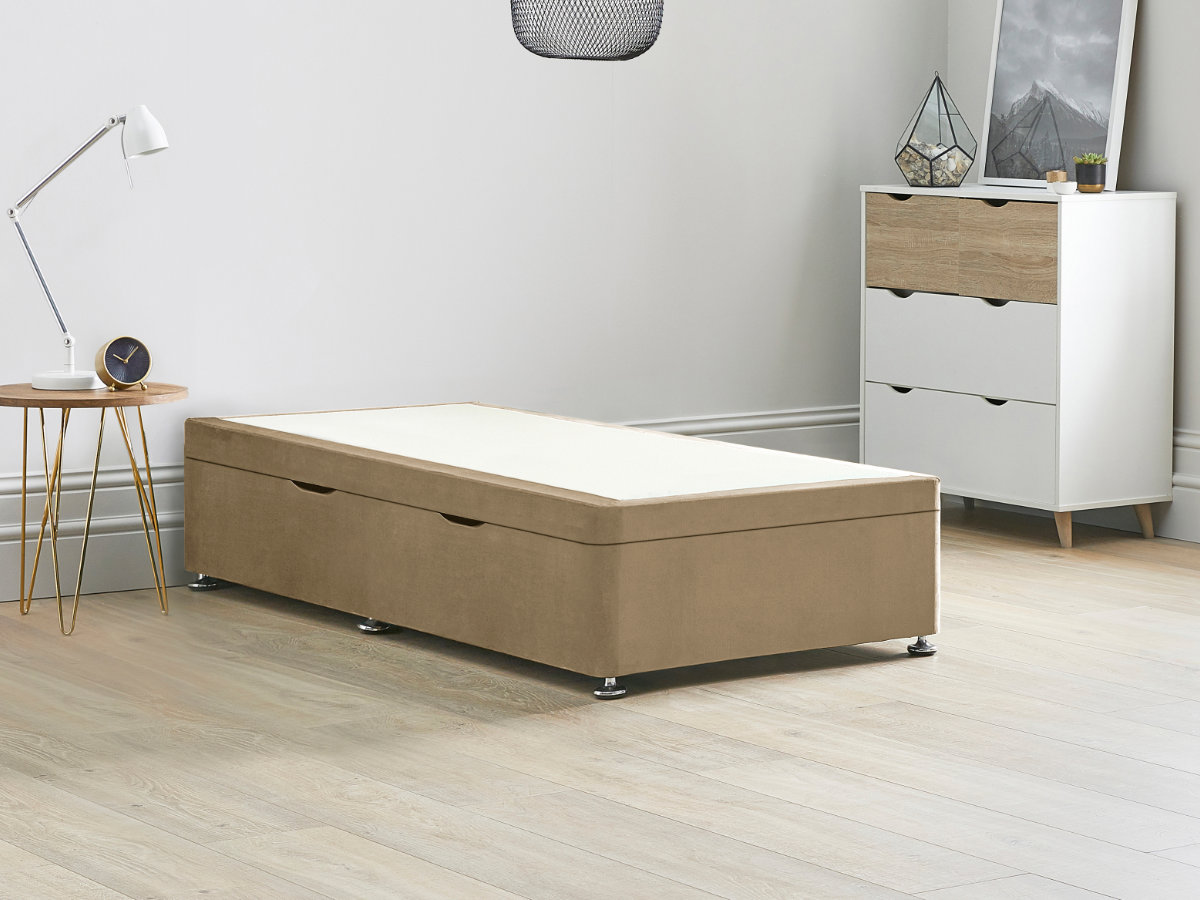 View 30 90cm Single Size Slate Brown Side Lift Ottoman Storage Divan Bed Base Easy Lift Gas Pistons Dust Free Bed Storage Solid Base Sides information