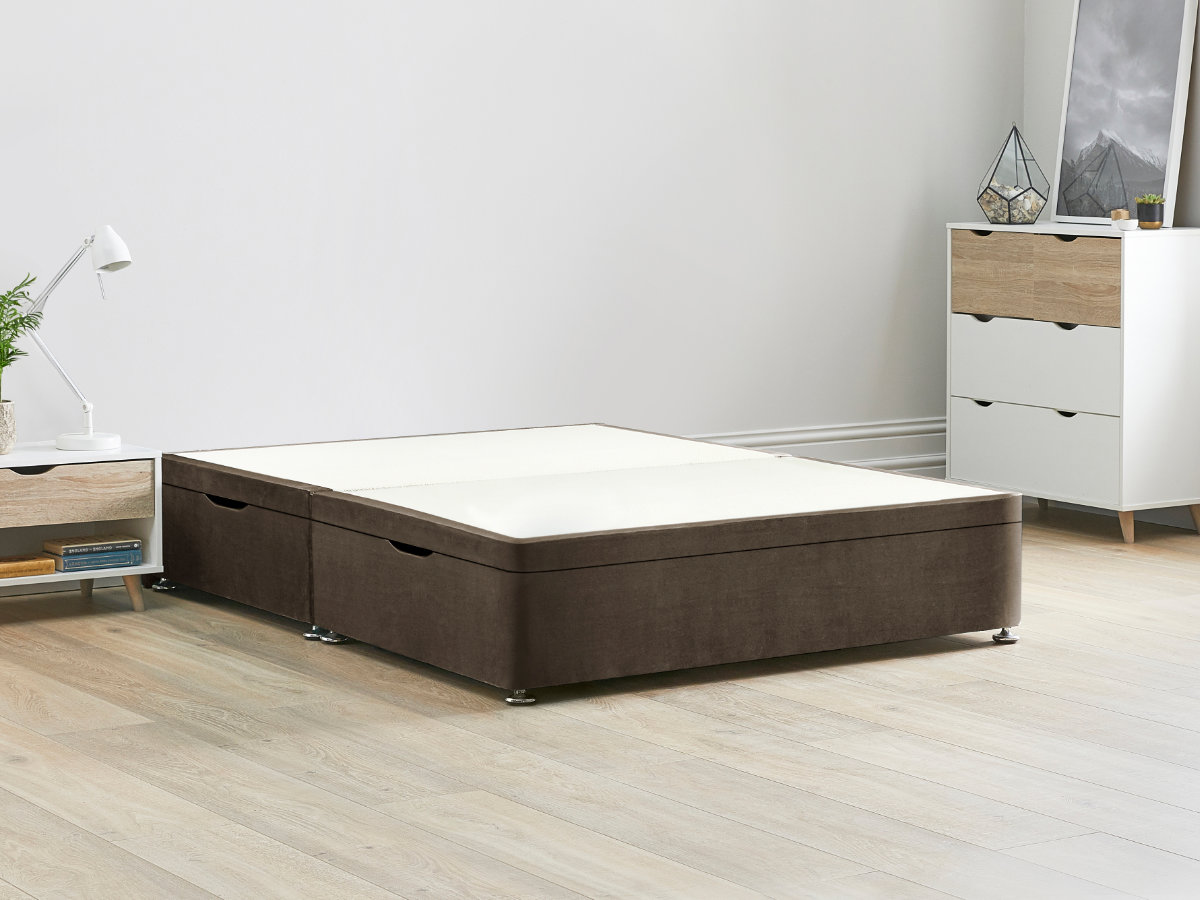 View 50 150cm King Size Mocca Brown Side Lift Ottoman Storage Divan Bed Base Easy Lift Gas Pistons Dust Free Bed Storage Solid Base Sides information