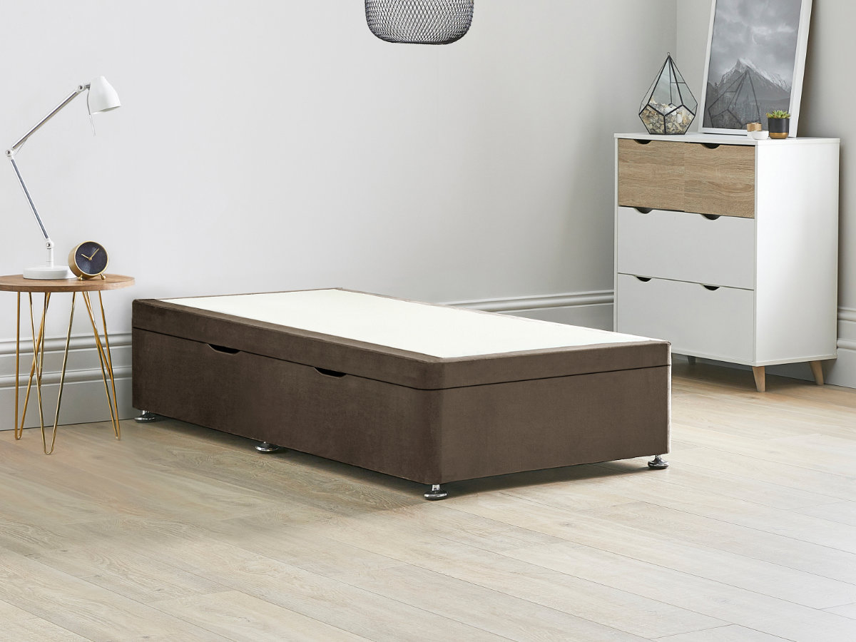 View 30 90cm Single Size Mocca Brown Side Lift Ottoman Storage Divan Bed Base Easy Lift Gas Pistons Dust Free Bed Storage Solid Base Sides information