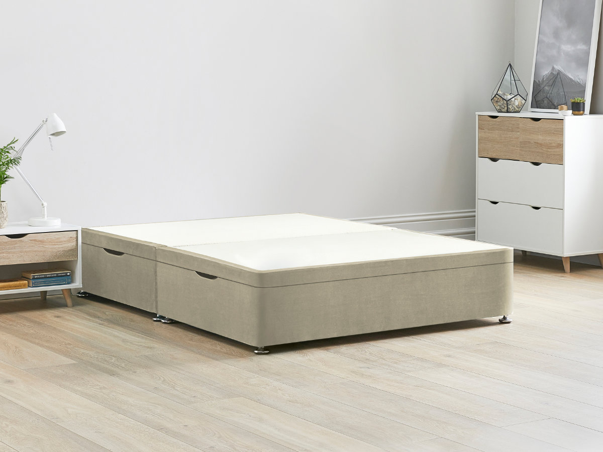View 40 120cm Double Size Stone Cream Side Lift Ottoman Storage Divan Bed Base Easy Lift Gas Pistons Dust Free Bed Storage Solid Base Sides information