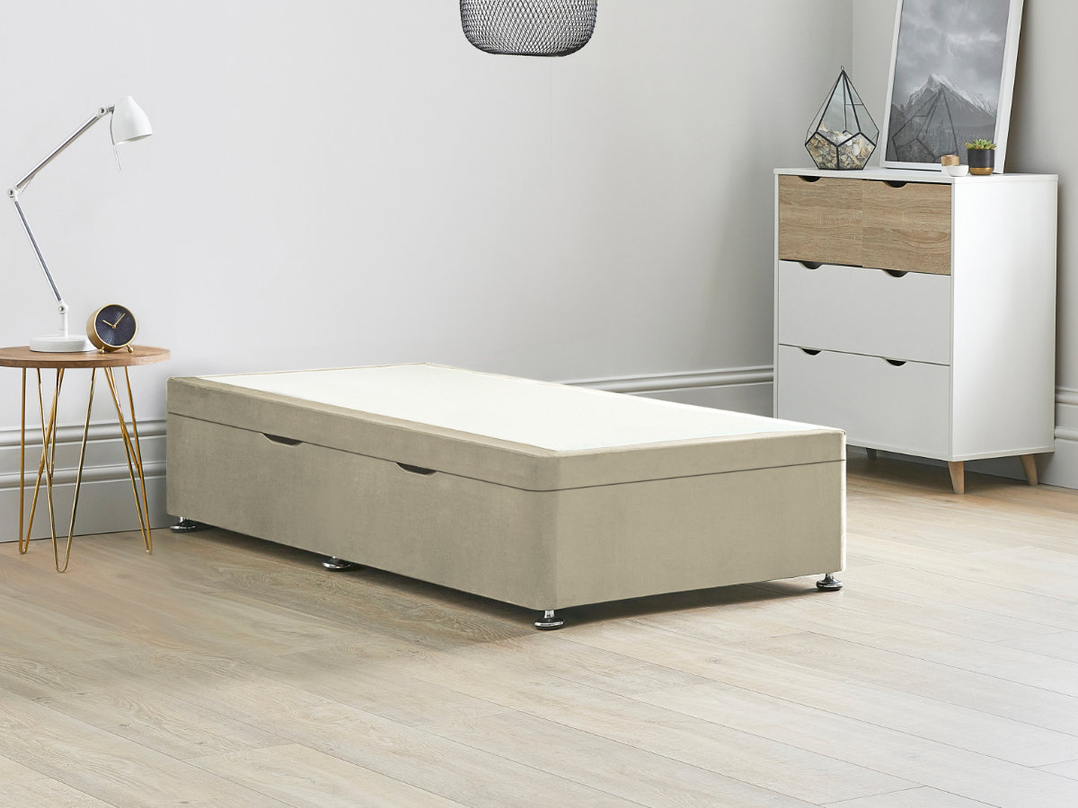 View 30 90cm Single Size Stone Cream Side Lift Ottoman Storage Divan Bed Base Easy Lift Gas Pistons Dust Free Bed Storage Solid Base Sides information