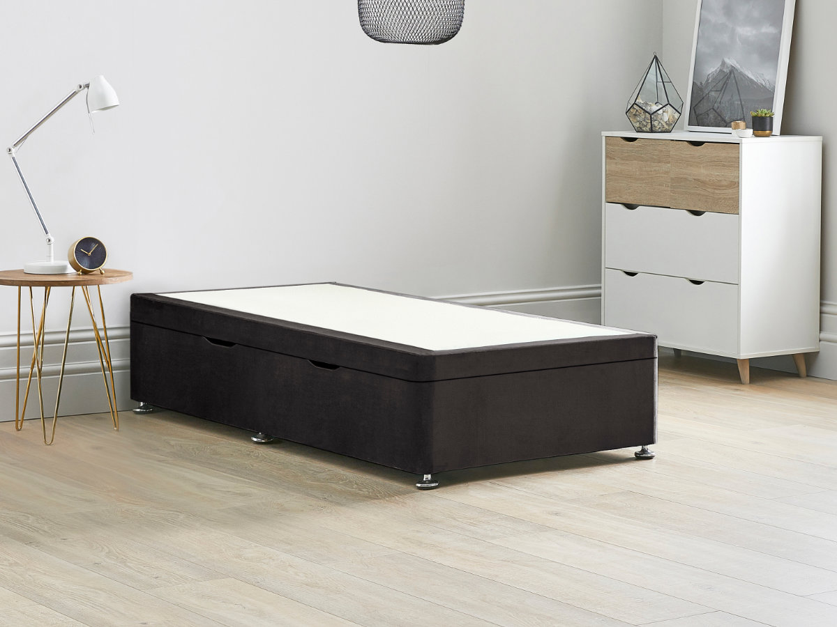 View 30 90cm Single Size Truffle Brown Side Lift Ottoman Storage Divan Bed Base Easy Lift Gas Pistons Dust Free Bed Storage Solid Base Sides information