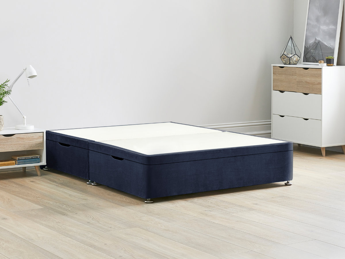View 46 135cm Double Size Sapphire Blue Side Lift Ottoman Storage Divan Bed Base Easy Lift Gas Pistons Dust Free Bed Storage Solid Base Sides information