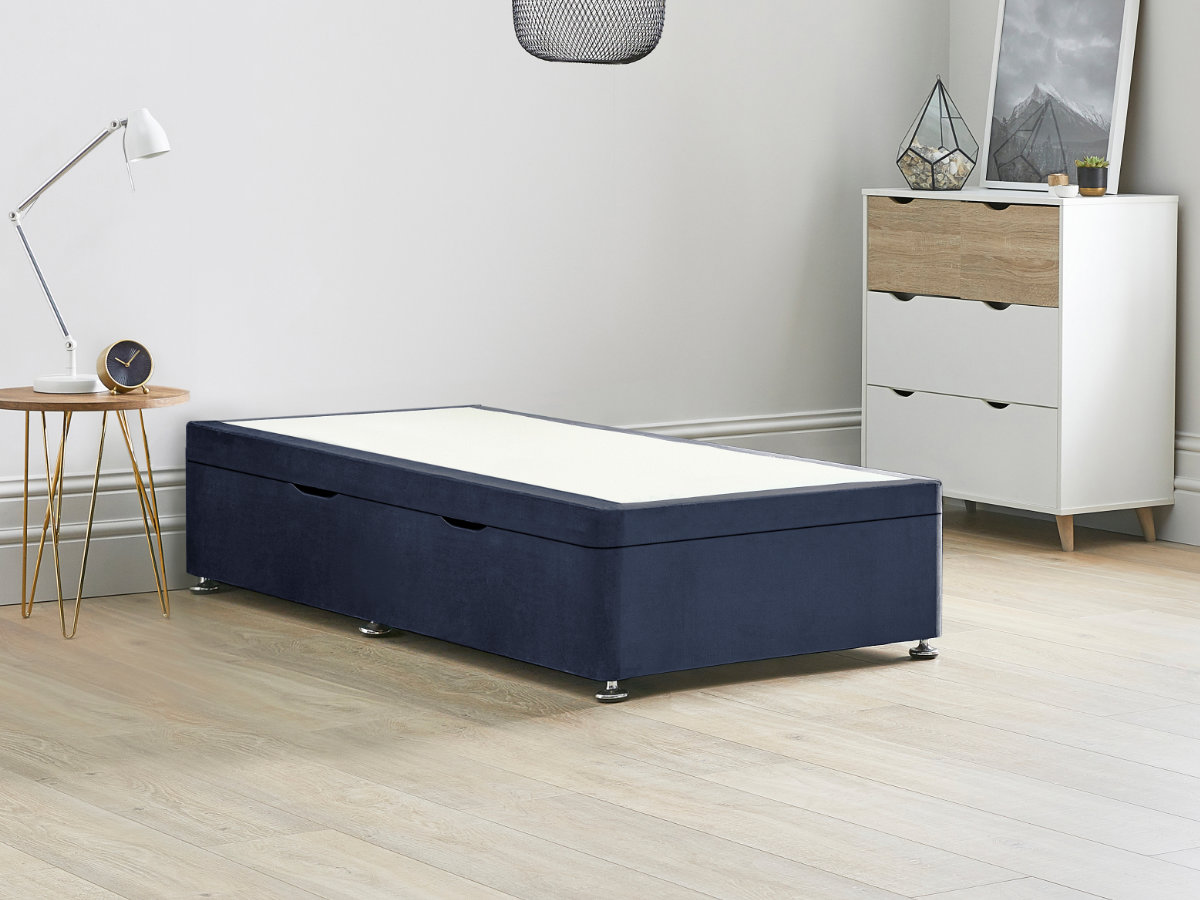 View 30 90cm Single Size Sapphire Blue Side Lift Ottoman Storage Divan Bed Base Easy Lift Gas Pistons Dust Free Bed Storage Solid Base Sides information