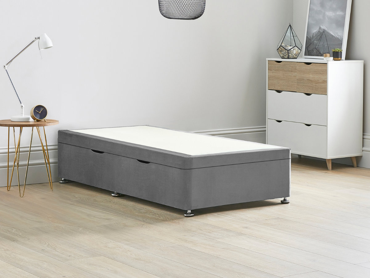 View 30 90cm Single Size Grey Side Lift Ottoman Storage Divan Bed Base Easy Lift Gas Pistons Dust Free Bed Storage Solid Base Sides information