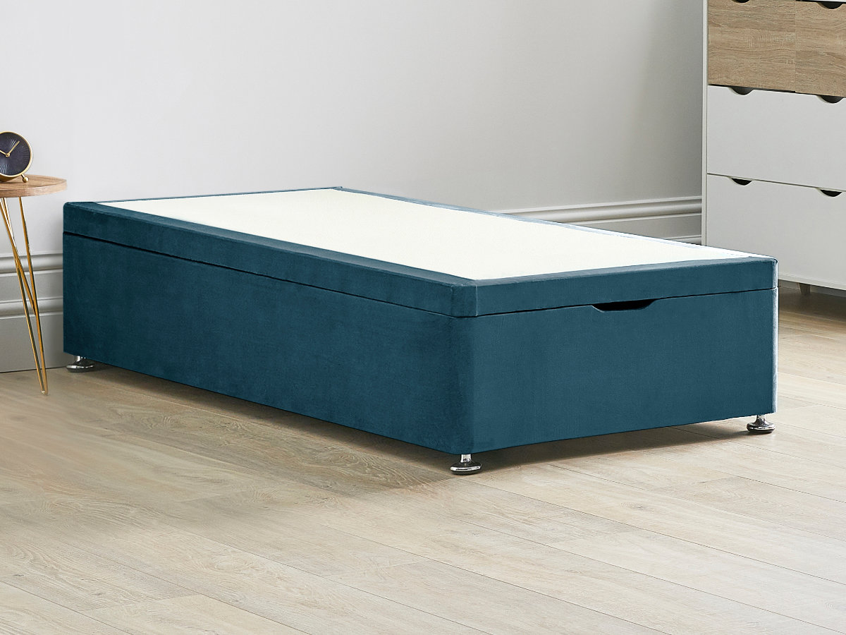 View Ottoman End Lift Divan Bed Base 30 Single Duckegg Blue Solid Sides Top Base Fixed Chrome Glide Feet information