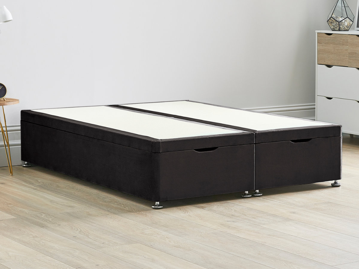 View Ottoman End Lift Divan Bed Base 50 King Truffle Brown Solid Sides Top Base Fixed Chrome Glide Feet information