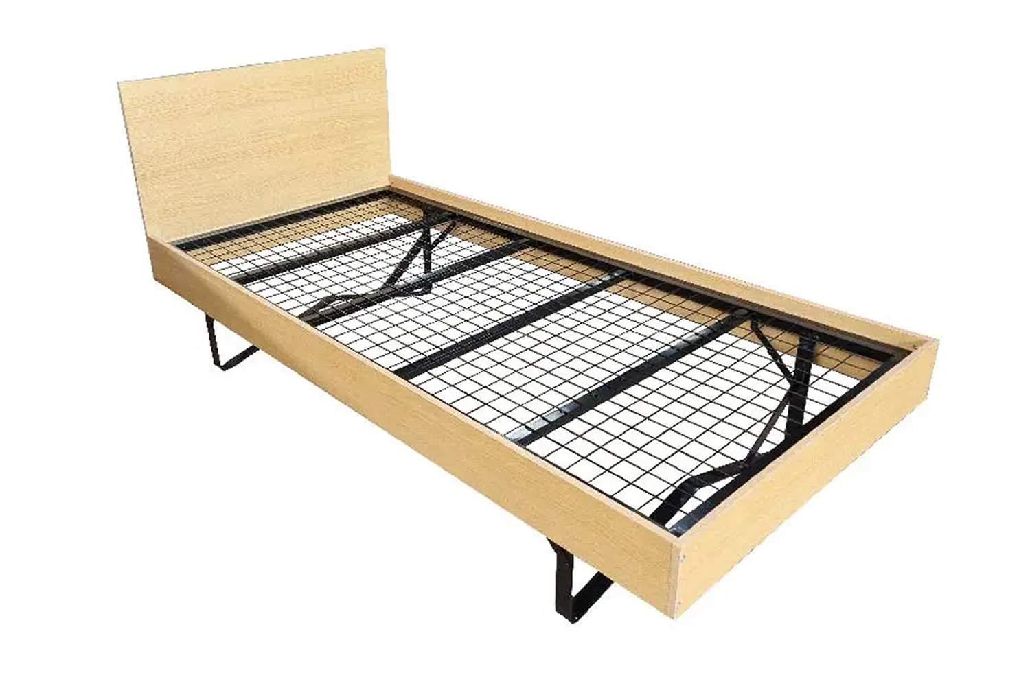 View Savannah 30 Single Contract Metal Bed Frame MDF Sides High Headboard Low Foot End FoldOut Legs 23cm Under Bed Storage 300kg User Weigh information